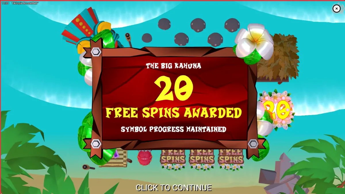 Interface vibrante do slot Tikitopia BoosterBelt com o totem Big'Um Tiki e frutas animadas
