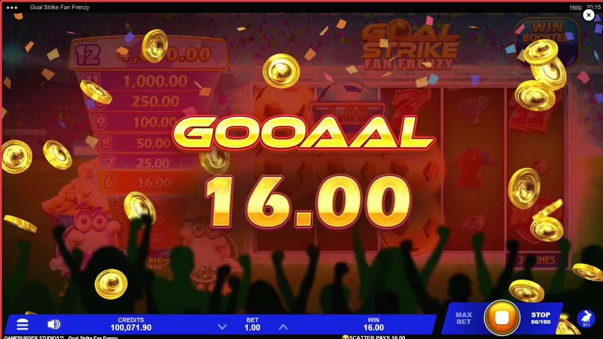 Interface do jogo Goal Strike Fan Frenzy com tema de futebol e estádio